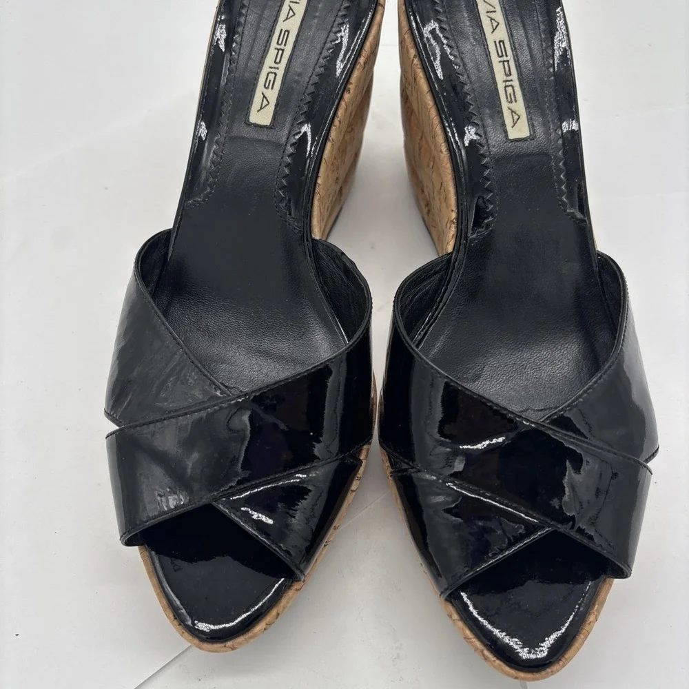 Via Spiga Black Patent Leather Espridalle  Peep Toe Sandal Wedges Women Size 8